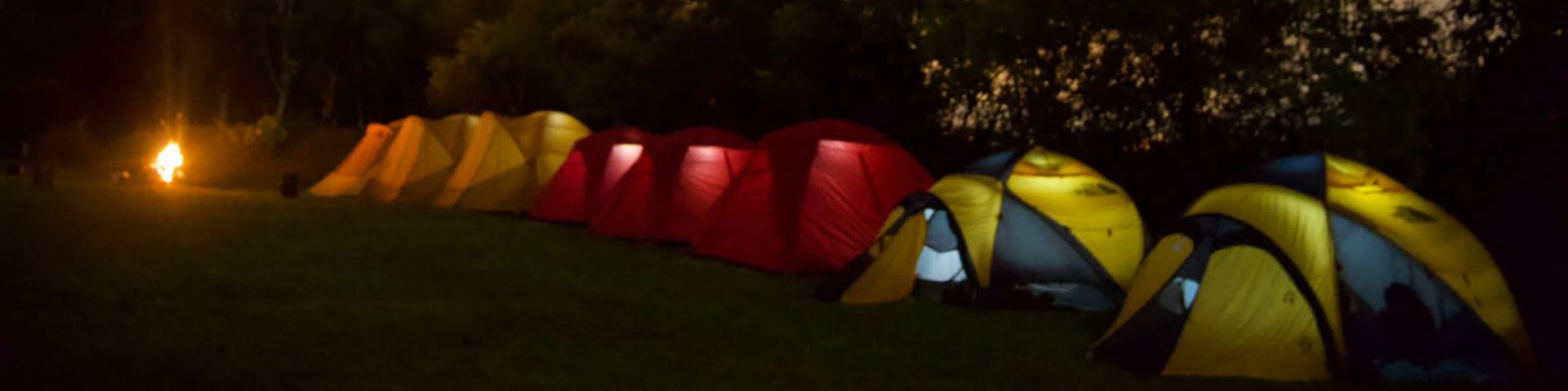 Tiendas de campaña iluminadas en fila durante la noche